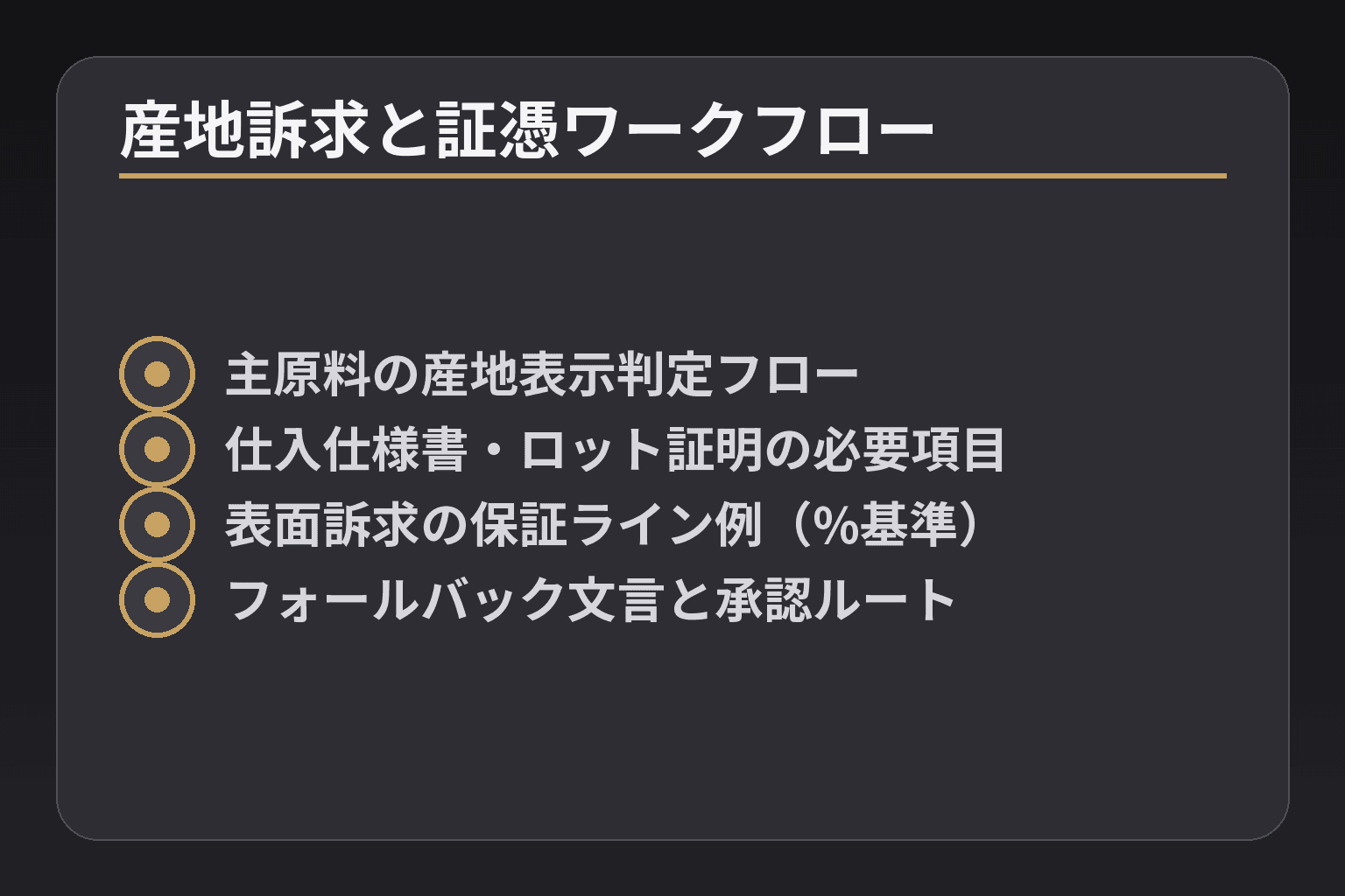 産地訴求と証憑ワークフロー